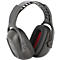 Casque antibruit gris foncé avec rembourrage intérieur rouge. Un lettrage est visible sur le casque antibruit.