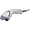 Scanner de codes-barres gris clair avec connexion de câble grise sur fond blanc.