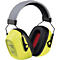Cache-oreilles jaunes avec bord noir et bandeau gris, doublure intérieure rouge.