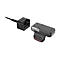Drahtloses Headset und Ladestation, schwarz. Headset an Handgelenkhalterung mit rotem Akzent, daneben Ladestation mit Kabel.