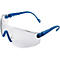 Lunettes de sécurité transparentes avec monture bleue, vue latérale.