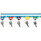 Key rack with five colored tags and keys.