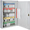 Opened grey key cabinet with coloured labels and keys. Notepad inside.