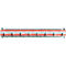 Elongated, white and red object with dark struts evenly distributed.