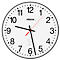 Cadran blanc avec des chiffres noirs, aiguilles noires et rouges, logo de la marque et symbole d'horloge radio.