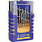 Set boren in een blauwe en gele plastic doos, inclusief maatindicaties. Tekst luidt: Wood Twist Drill.