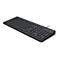 Schwarze HP Tastatur mit Kabel und leuchtender Statusanzeige in perspektivischer Ansicht.