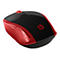 Drahtlose Computermaus in Schwarz-Rot mit HP-Logo. Sie hat ein rotes Scrollrad und gepunktete Seitenteile.