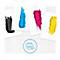 Pinselstriche in Schwarz, Blau, Pink und Gelb. Unterhalb ein blau umrandetes Icon mit einem Drucker.