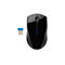 Schwarze kabellose Computermaus mit glänzender Oberfläche und blauem USB-Empfänger auf weißem Hintergrund.