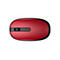 Rote, ovale HP-Funkmaus in Draufsicht mit schwarzem Scrollrad und HP-Logo.