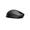 Schwarze, ergonomische kabellose Computermaus vor weißem Hintergrund.
