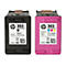 Zwei Tintenpatronen nebeneinander. Links schwarz, rechts pink. Aufschrift: HP 303. Schwarz: Black. Pink: Tri-colour.