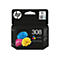 Schwarze HP 308 Tri-Colour Tintenpatronenverpackung mit Abbildungen von blauen, gelben und pinken Papierblumen.