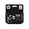 Schwarze HP Tintenpatrone. Aufdruck: 308 Black, HP Logo, sowie weitere Informationen und eine Illustration einer Blume.
