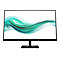 Schwarzer HP Monitor mit rahmenlosem Display und türkisfarbenem Wellenmuster auf weißem Hintergrund.