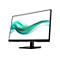 Schwarzer HP Monitor mit dünnen Rändern und wellenförmigem türkisem Grafikdesign auf dem Bildschirm.