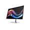 Moderner, schlanker Monitor mit silbernem Standfuß und abstraktem, farbenfrohem Wellen-Displaybild.