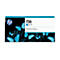 HP Designjet 730 Cyan Tintenpatrone mit blauen Schmetterlingen auf schwarzem Hintergrund. Text: HP Bright Office Ink Cartridge.