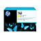Gelbe HP Designjet 761 Tintenpatrone, 400 ml. Auf schwarzem Hintergrund blaue Schmetterlinge.