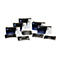 Plusieurs cartouches de toner HP LaserJet et leurs composants sur fond blanc. Les cartouches sont noires avec des lettres blanches.