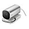 Eine silberne Webcam mit 4K-UHD-Kennzeichnung, auf einem drehbaren weißen Ständer.