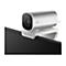 Nahaufnahme einer silbernen Webcam, die an einem schwarzen Monitor befestigt ist. Das Objektiv ist groß und rund, mit der Aufschrift 4K UHD. Der Halter ist weiß.
