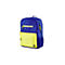 Blauer und gelber Rucksack mit Reißverschlüssen, seitlicher Netztasche und HP-Logo.