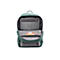 Geöffneter, grüner HP Rucksack mit Laptopfach und Fächern für Zubehör vor weißem Hintergrund.