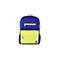 Blauer und gelber Rucksack mit Reißverschlüssen und HP Logo. Auf weißem Hintergrund.