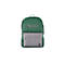 Ein grüner Rucksack mit grauer Fronttasche und HP-Logo, Reißverschlüssen, Netz-Seitenfach.