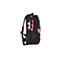 Seitenansicht eines Rucksacks mit schwarz-orangem Batikmuster vor weißem Hintergrund.