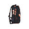 Ein schwarzer Rucksack mit orangefarbenen und blauen Mustern, Seitenansicht.