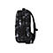 Schwarzer Rucksack mit weiÃŸem Muster, Seitenansicht. Gepolsterte Gurte und RÃ¼ckenpartie. ReiÃŸverschluss und kleine Tasche.