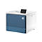Ein weiß-blaues HP-Multifunktionsdrucker mit einem schwarzen Touchscreen-Display.