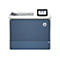 Blauer HP-Laserdrucker mit Touchscreen und Anzeigeoptionen. Eine farbige Grafik wird in einem Dokumentenausgabefach angezeigt.