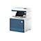Ein weißer HP Multifunktionsdrucker mit blauer Frontplatte vor neutralem Hintergrund.