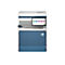 Großer weiß-blauer HP Multifunktionsdrucker vor neutralem Hintergrund mit Touchscreen-Display.