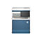 Ein weiß-blauer HP Multifunktionsdrucker von vorne vor weißem Hintergrund.