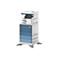 Großer weiß-blauer HP Multifunktionsdrucker mit Touchscreen-Display vor neutralem weißem Hintergrund.