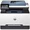 Ein weißer HP-Multifunktionsdrucker mit blauem Deckel und Bedienfeld.