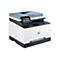 Drucker mit blauem Deckel, Touchscreen und HP-Logo. Bedienfeld mit Menü, Kopie, Scan und Druck-Optionen.