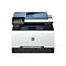 Ein weißer Drucker mit blauem Deckel und Bedienfeld. Auf dem Display sind Icons und Text zu sehen. Das HP Logo ist deutlich erkennbar.
