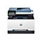 Ein weiß-blauer HP Color LaserJet Pro MFP Drucker mit Touchscreen und farbigen Icons. Auf dem Drucker steht das HP Logo.