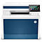 Ein weiß-blauer HP-Drucker mit Touchscreen, Tasten und HP-Logo.
