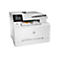 Weißer HP-Farblaserdrucker, der von vorne abgebildet ist, mit einem Touchscreen, der "Copy", "Scan" und "Fax" anzeigt, und einem Papierausgabeschacht.