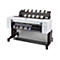 Weißer HP DesignJet T1600dr Großformatdrucker mit Display, Rollenhalter und Auffangvorrichtung, vor weißem Hintergrund.