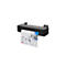 Schwarzer HP DesignJet T210 Großformatdrucker mit einer Rolle Papier, auf dem ein Architekturplan gedruckt wird.