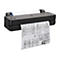 Schwarzer HP DesignJet T250-Drucker druckt ein Architektur-Grundriss. Oben eine Rolle, Papierausgabe unten.