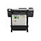 Großer HP DesignJet T830-Drucker, der ein Bauplanpapier druckt. Schwarzes Gehäuse, graue Oberseite, farbiges Touchdisplay, Papierausgabefach.